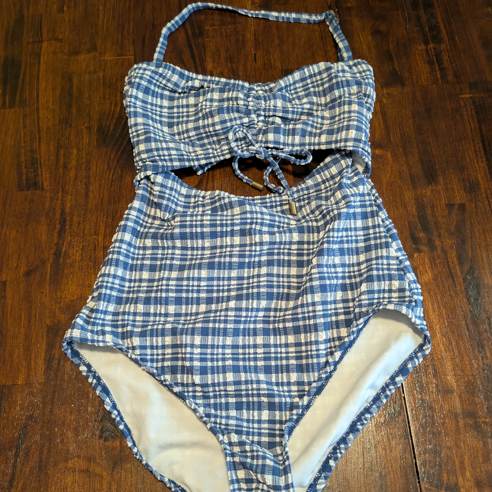 Time and Tru Navy and White Checkered Swimsuit